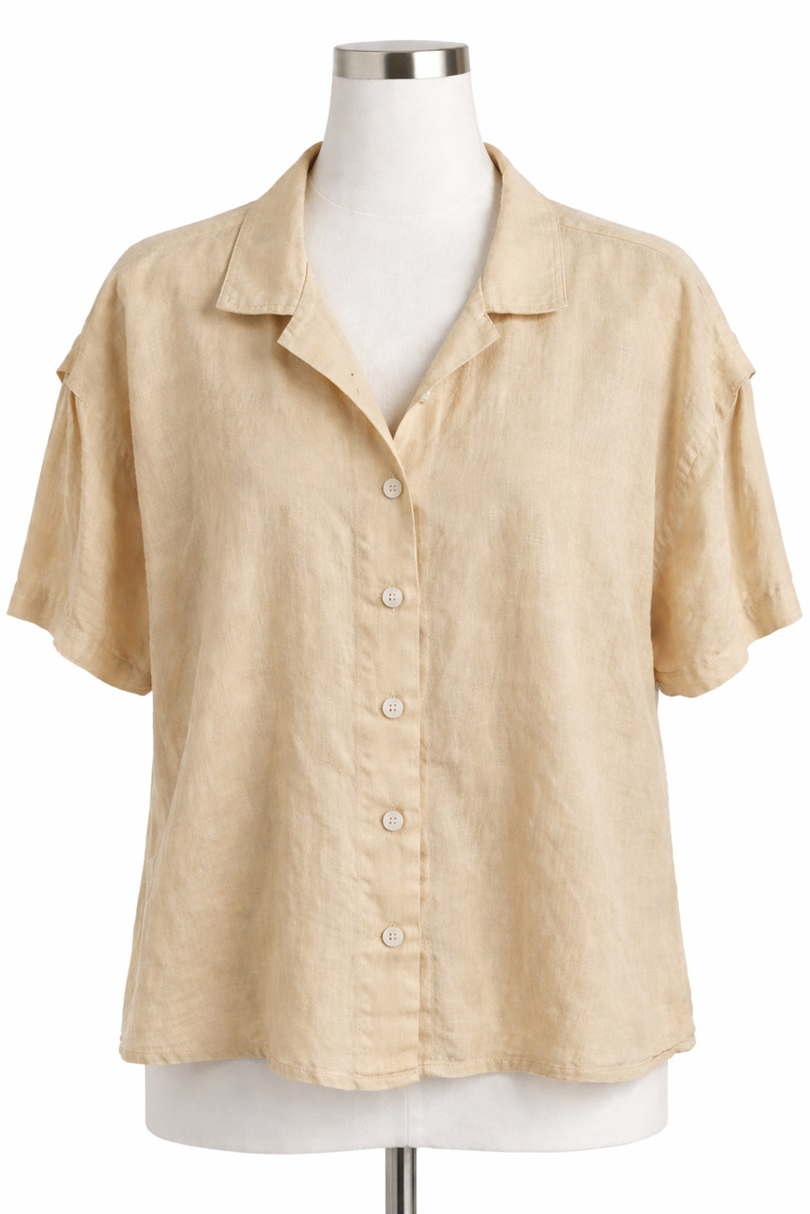Vintage Beige Linen Look Button Front Blouse Mediterranean Style Size 14